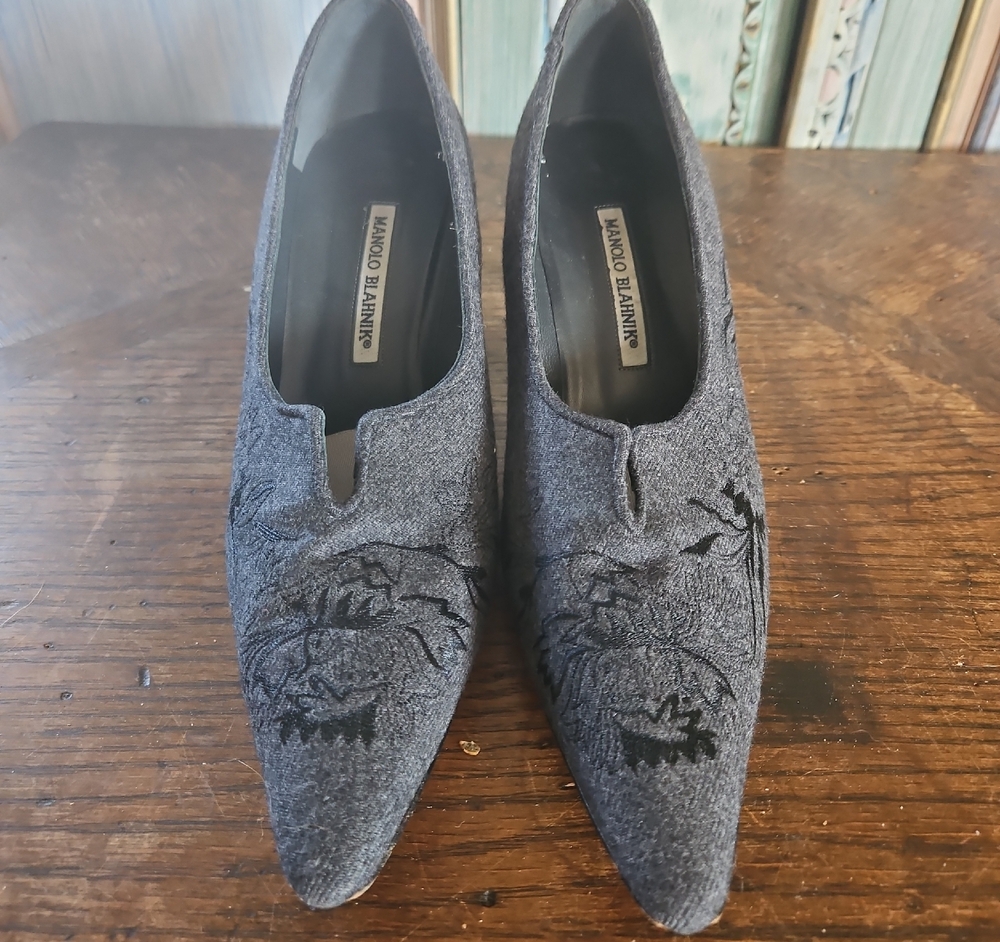 Manolo Blahnik Charcoal Embroidered Heels